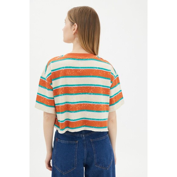 BDG Urban Outfitters Twin Flame Cropped Tee Top Striped Printed Cotton XS 258630 - Picture 3 of 8
